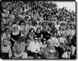 Crowds in the grandstands watch harness racing at the fair